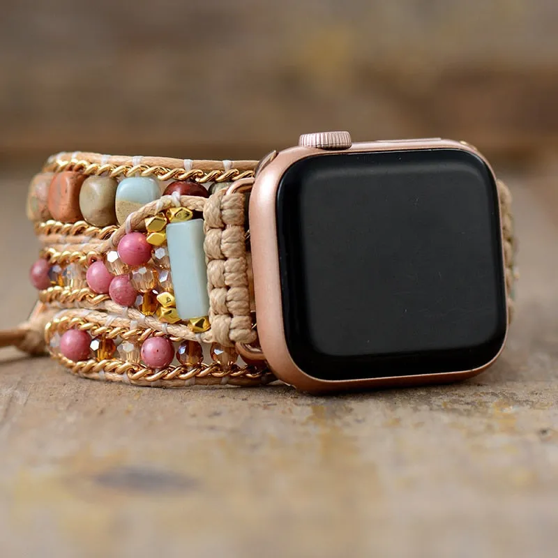 Creative Natural Gems Stone Aple Watch Band Beads Boho 3X Wrap Vegan Rope Watch Strap Wristband Bracelet Accessories Dropship