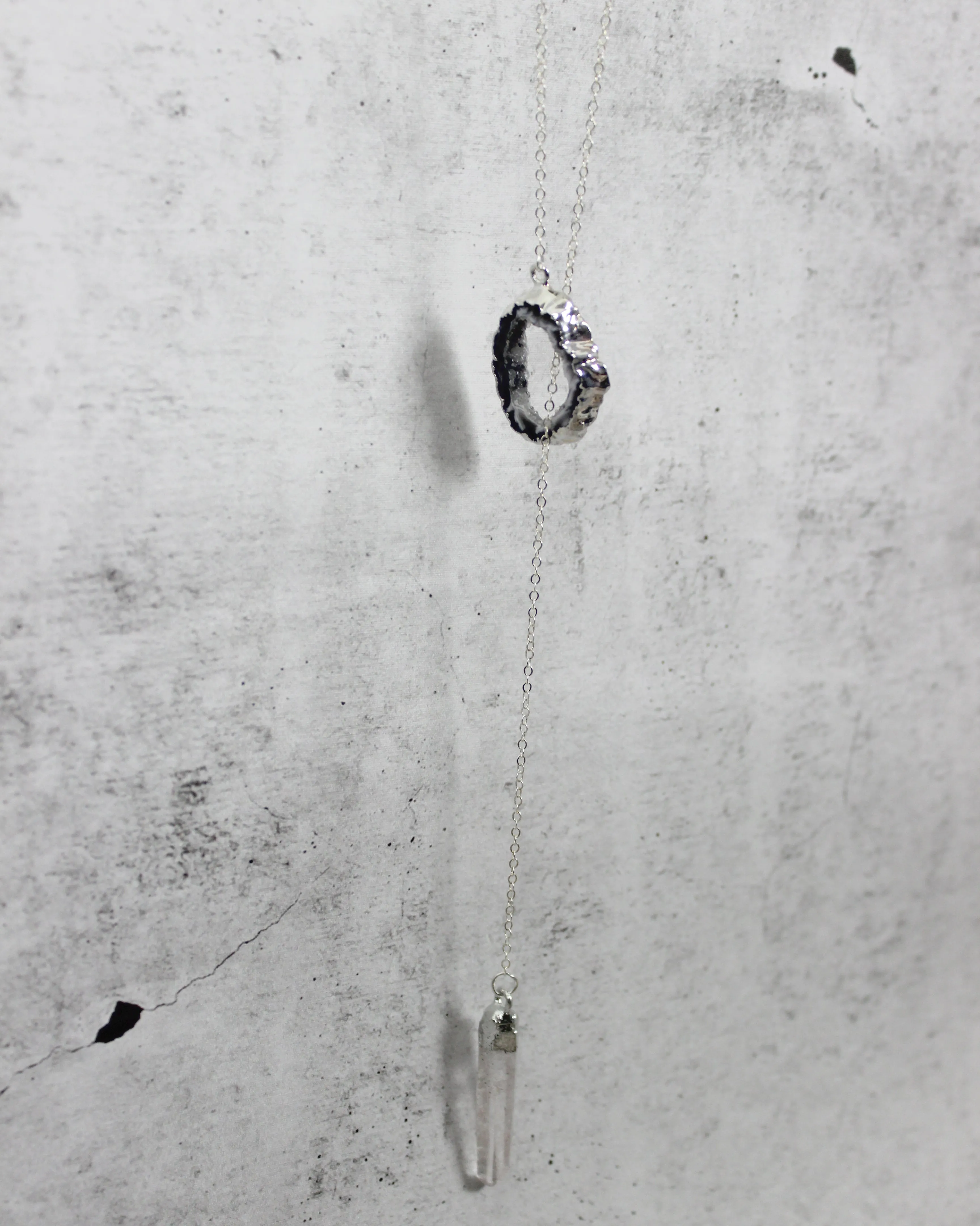 Crystal Clear // Silver Lariat Necklace w Black Quartz Druzy, Crystal Point, Boho Jewelry // BH-N007-S