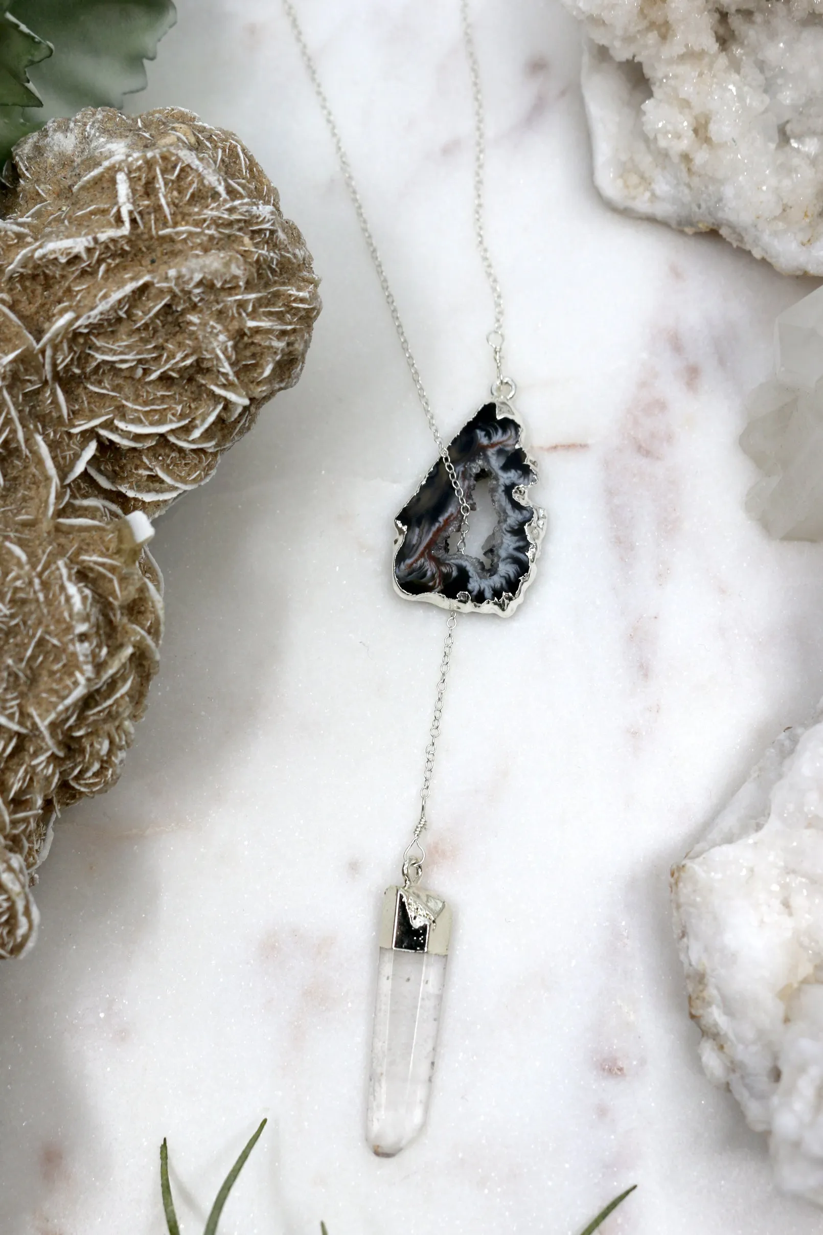 Crystal Clear // Silver Lariat Necklace w Black Quartz Druzy, Crystal Point, Boho Jewelry // BH-N007-S