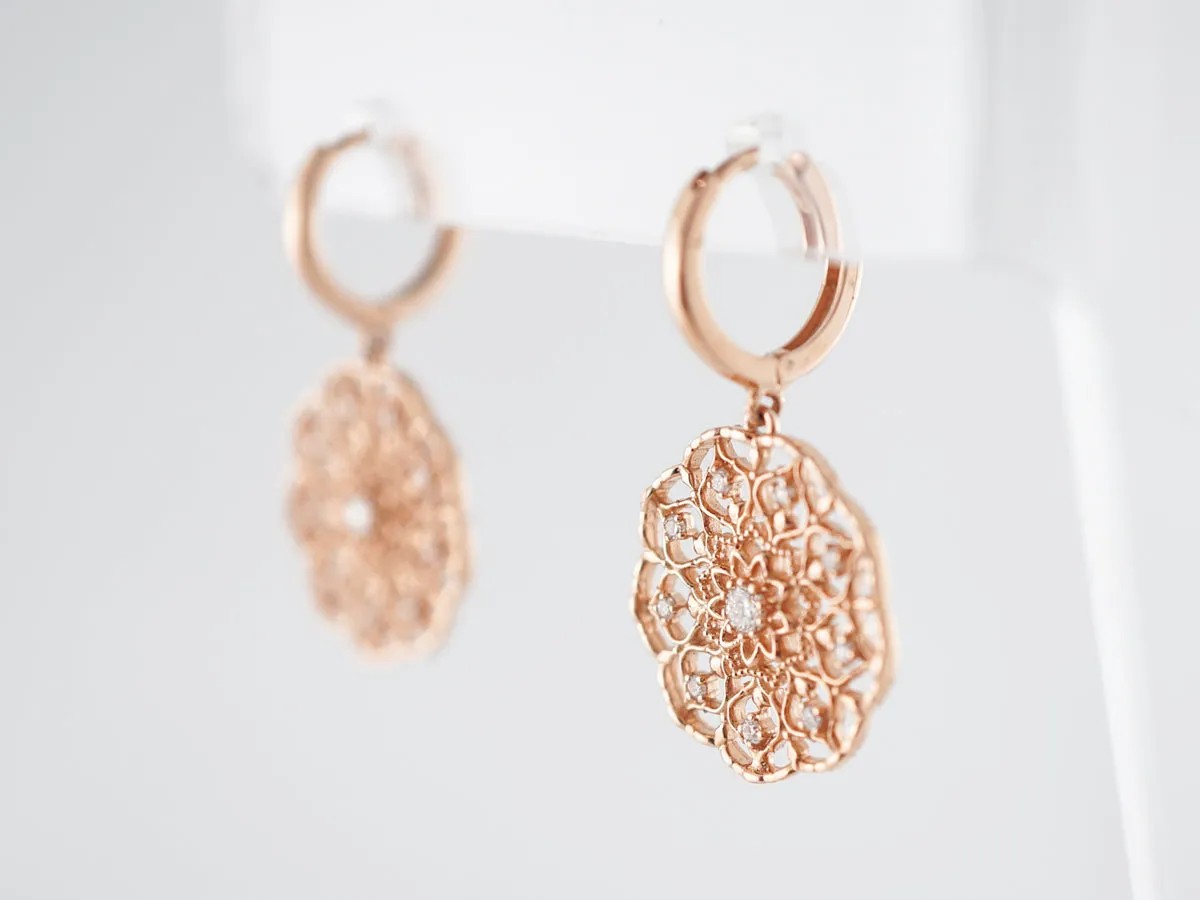 Dangle Drop Earrings Modern .26 Round Brilliant Cut Diamonds in 18K Rose Gold