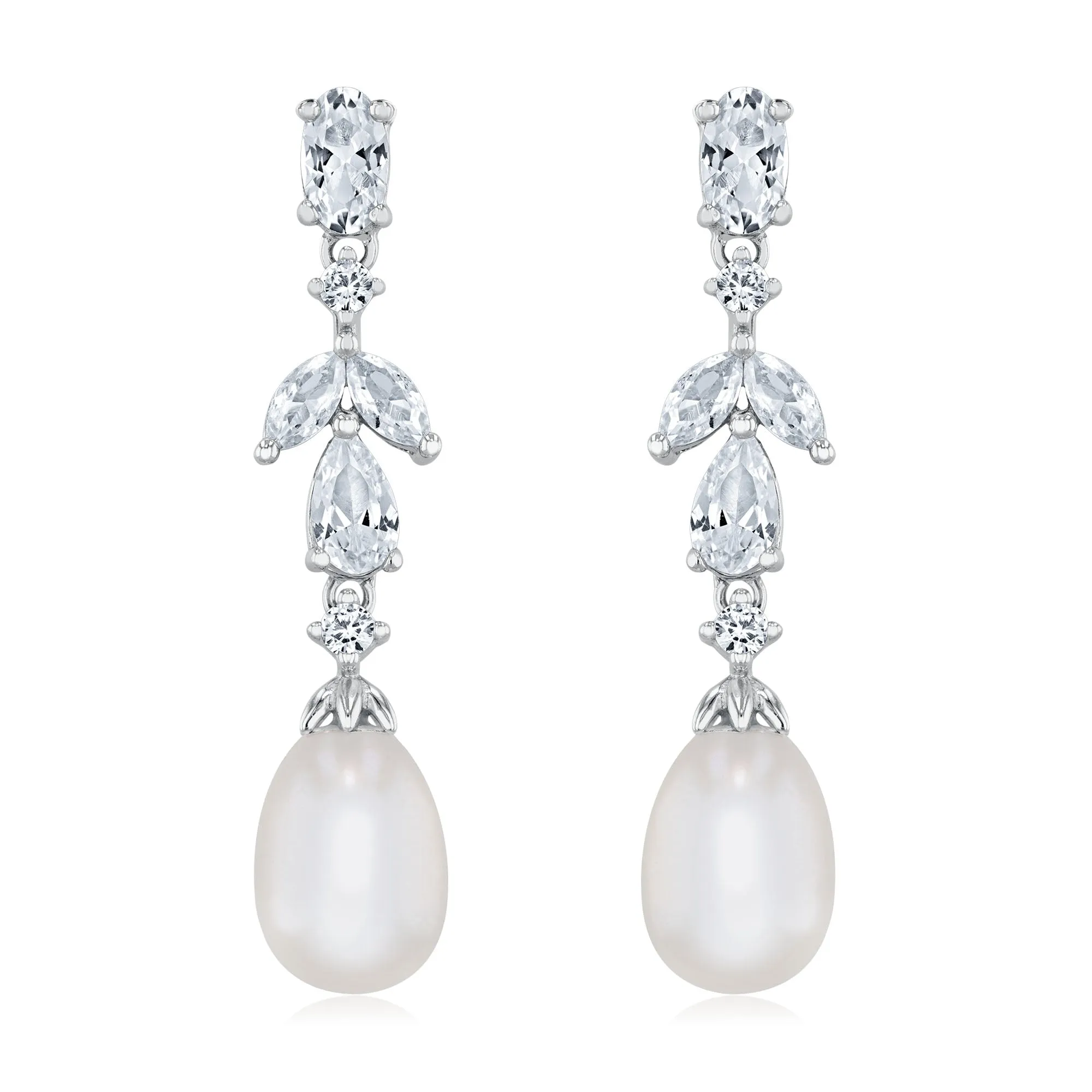 Downton Abbey | Lady Edith - Freshwater Cultured Pearl and Created White Sapphire Sterling Silver Drop Earrings