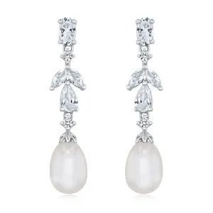 Downton Abbey | Lady Edith - Freshwater Cultured Pearl and Created White Sapphire Sterling Silver Drop Earrings