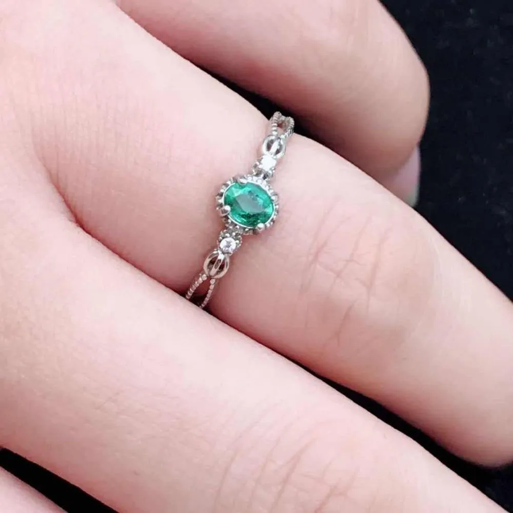 Elegant and Classic Natural Emerald Sterling Silver Ring