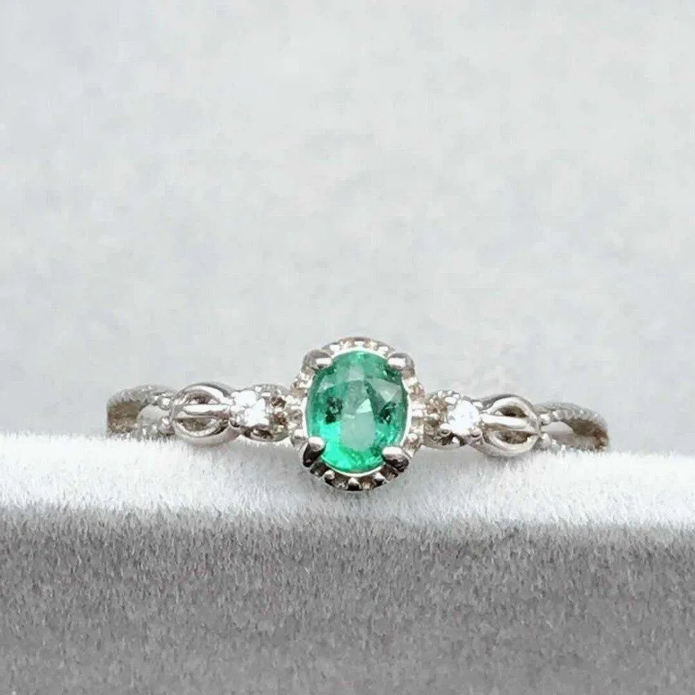 Elegant and Classic Natural Emerald Sterling Silver Ring