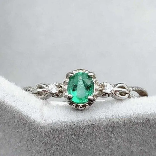 Elegant and Classic Natural Emerald Sterling Silver Ring