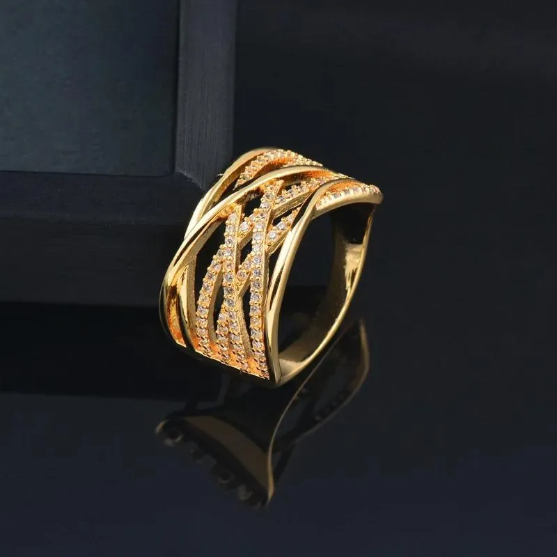 Elegant Big Wide Wedding Rings Yellow Gold Silver Color White Cubic Zirconia Rings