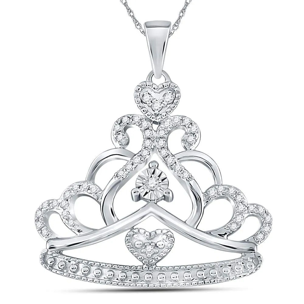 Enchanting Crown of Diamonds Pendant | 14kt White Gold Womens Round Diamond Crown Tiara Fashion Pendant 1/6 Cttw