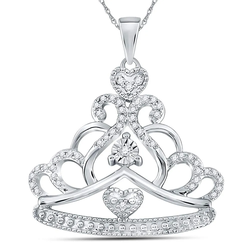 Enchanting Crown of Diamonds Pendant | 14kt White Gold Womens Round Diamond Crown Tiara Fashion Pendant 1/6 Cttw