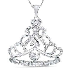 Enchanting Crown of Diamonds Pendant | 14kt White Gold Womens Round Diamond Crown Tiara Fashion Pendant 1/6 Cttw
