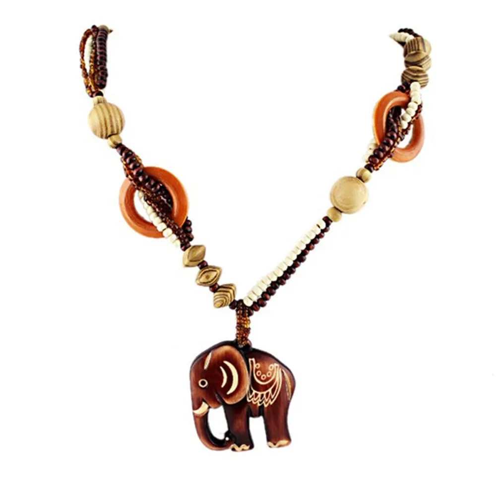 Ethnic Elephant Wooden Beads Necklace Beaded Luck Necklace