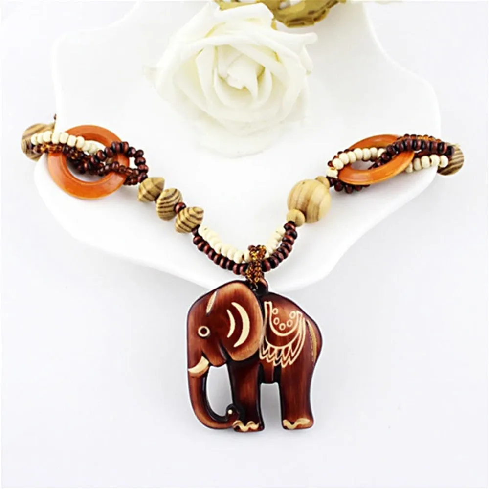 Ethnic Elephant Wooden Beads Necklace Beaded Luck Necklace