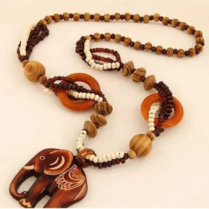 Ethnic Elephant Wooden Beads Necklace Beaded Luck Necklace