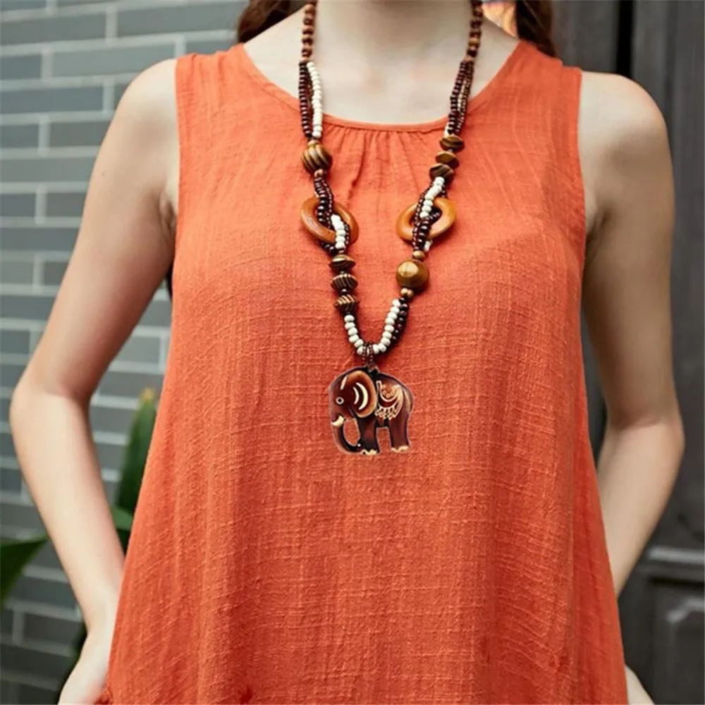 Ethnic Elephant Wooden Beads Necklace Beaded Luck Necklace