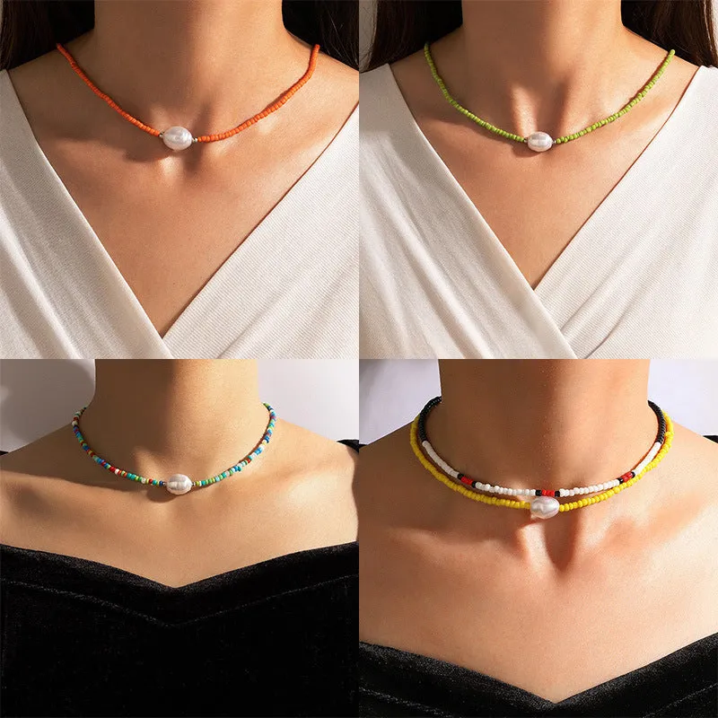 European And American Jewelry Simple Single Layer Mixed Color Bead Necklace
