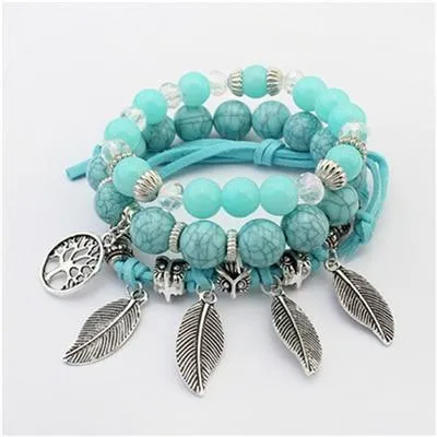 Fashion Vintage Ethnic Elasticity Marble Beads Boho Statement Leaves Bangle Bracelet
