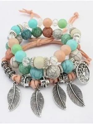Fashion Vintage Ethnic Elasticity Marble Beads Boho Statement Leaves Bangle Bracelet