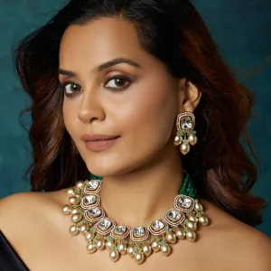 Gold Tone Kundan Polki Biege Necklace Set - JAJBR23NS 23