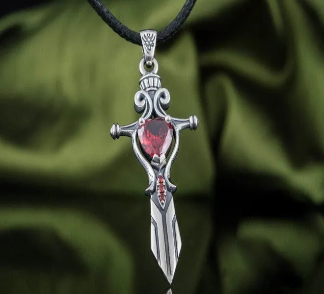 Handcrafted Sterling Silver Viking Sword Pendant | Red Cubic Zirconia