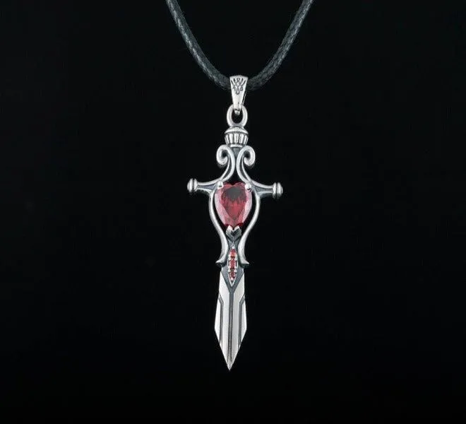 Handcrafted Sterling Silver Viking Sword Pendant | Red Cubic Zirconia