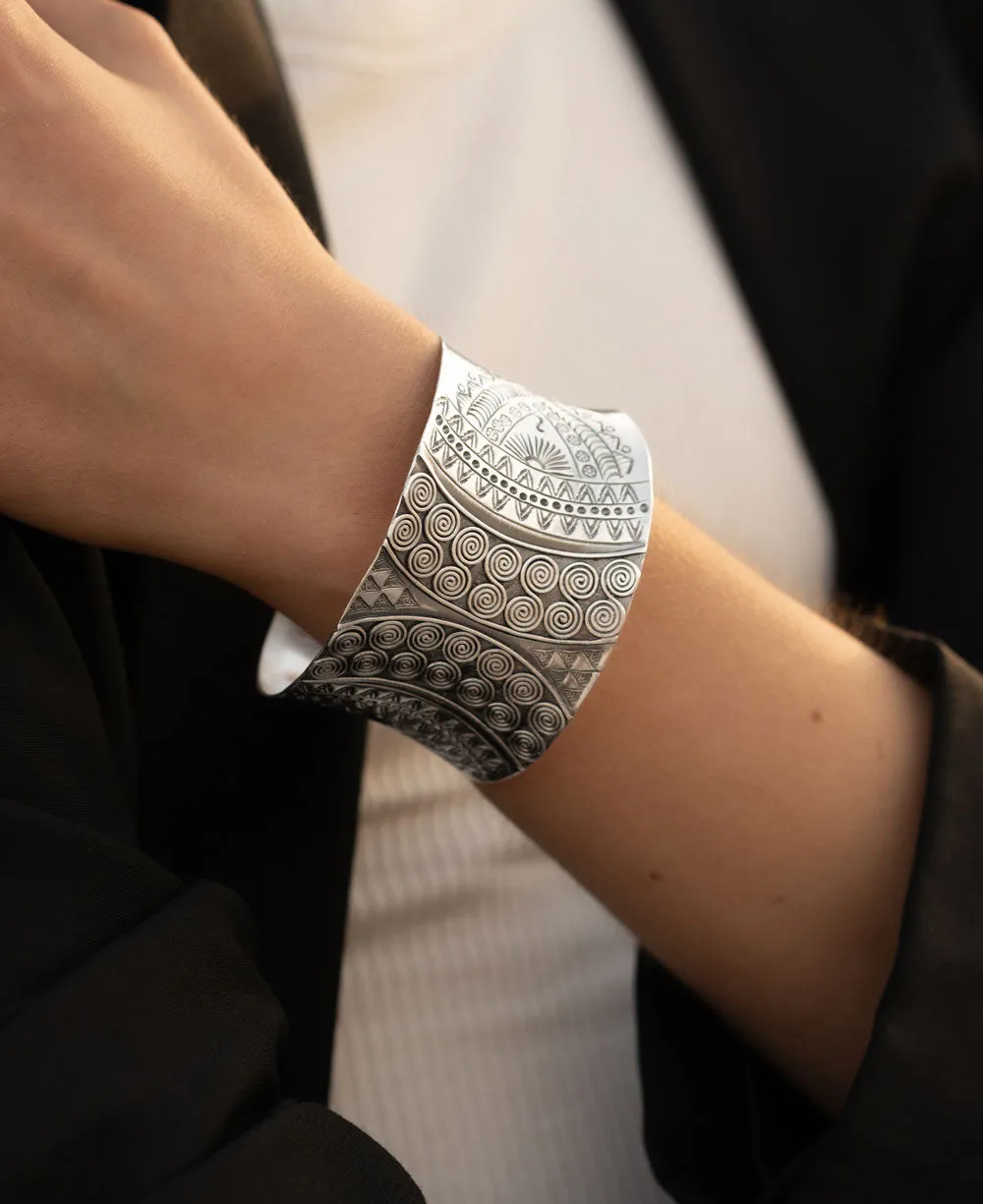 Hilltribe Sterling Silver Swirly Design Wide Cuff Bracelet
