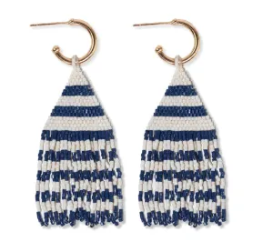 James Mini Gold Hoop Two Tone Stripes Beaded Fringe Earrings Navy
