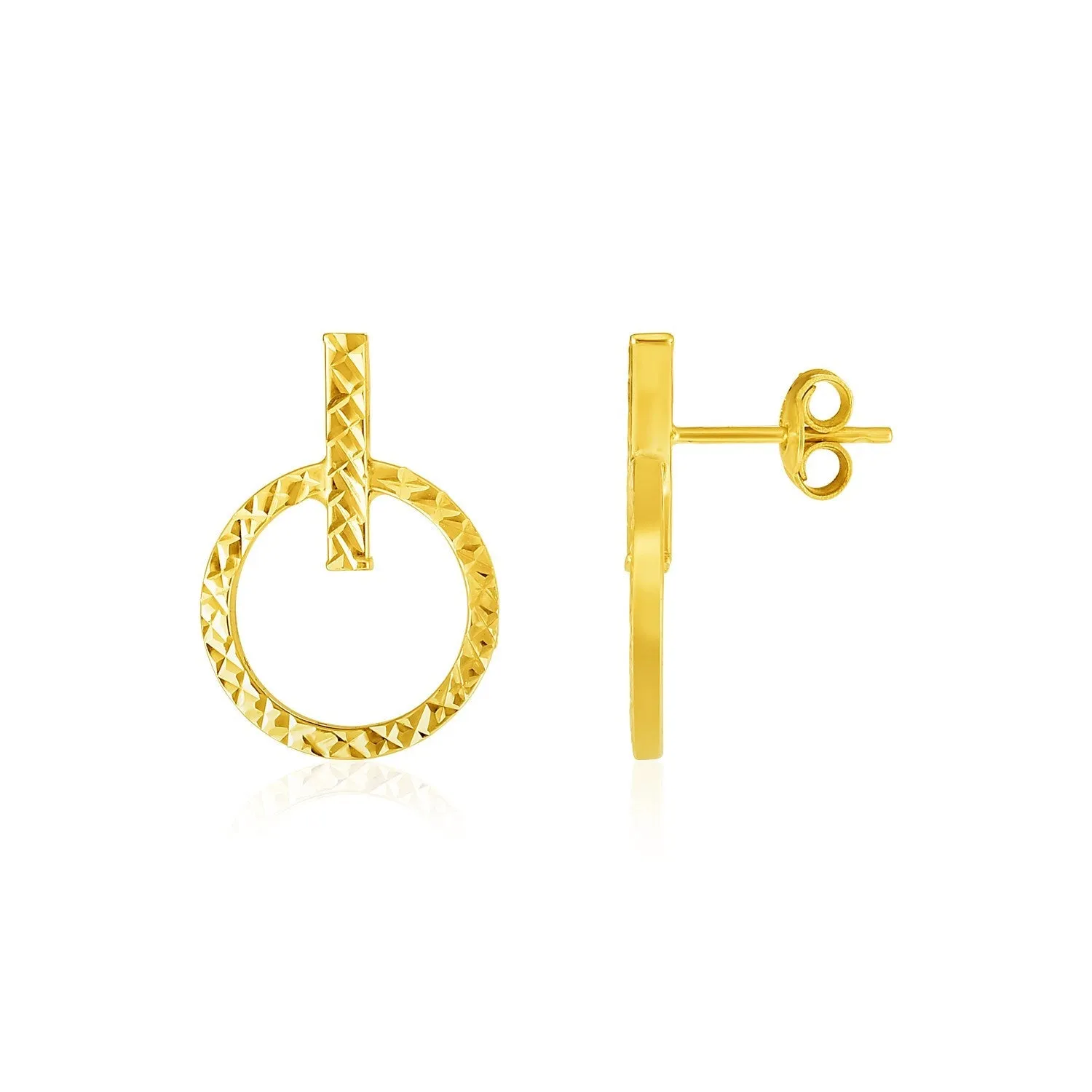 LOVCIA Luxury Classic 14k Yellow Gold Textured Post Earrings with Circle and Bar Design
