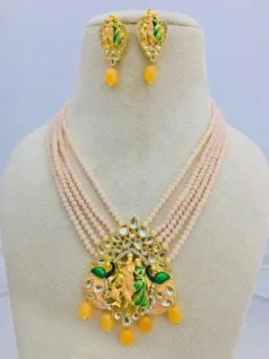 Meenakari kundan long necklace with earrings (light yellow)