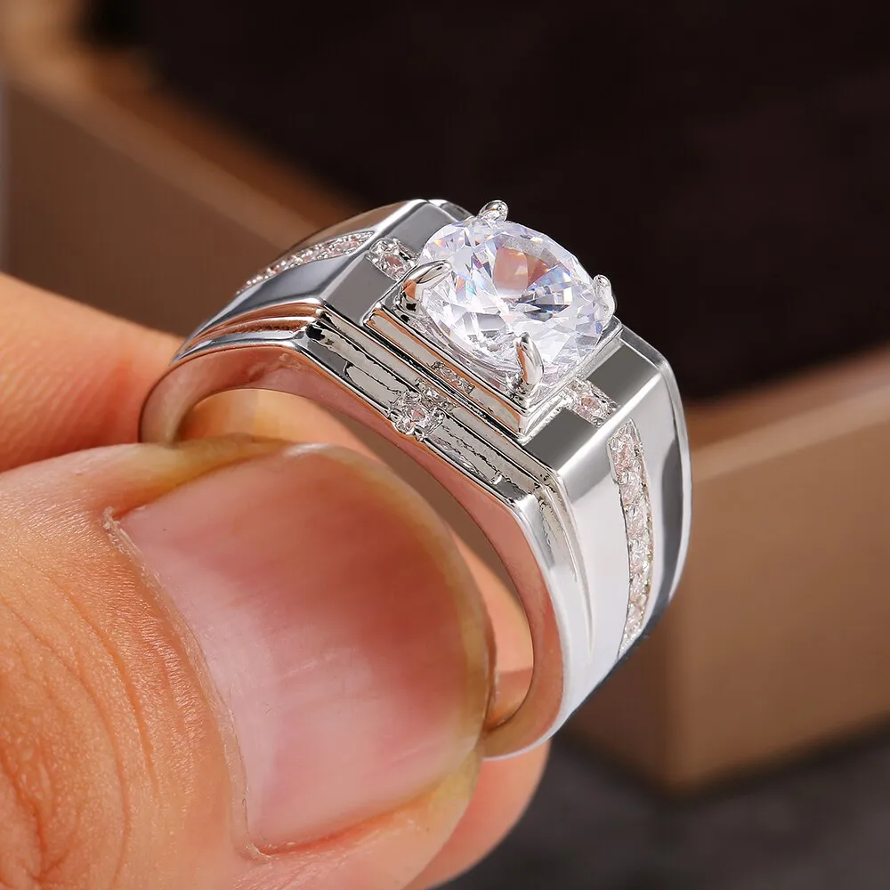 Men Rings for Wedding Engagement Solitaire Shiny Cubic Zirconia Marriage Rings