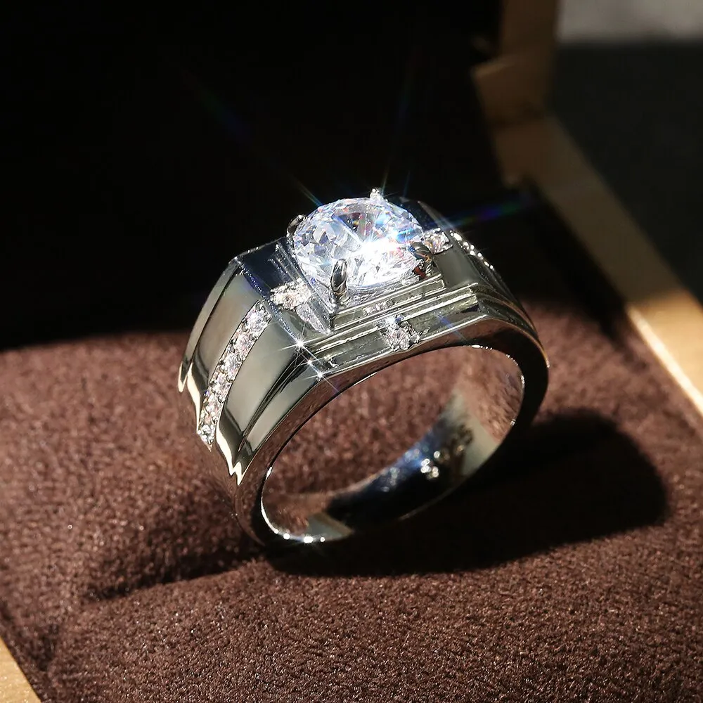 Men Rings for Wedding Engagement Solitaire Shiny Cubic Zirconia Marriage Rings