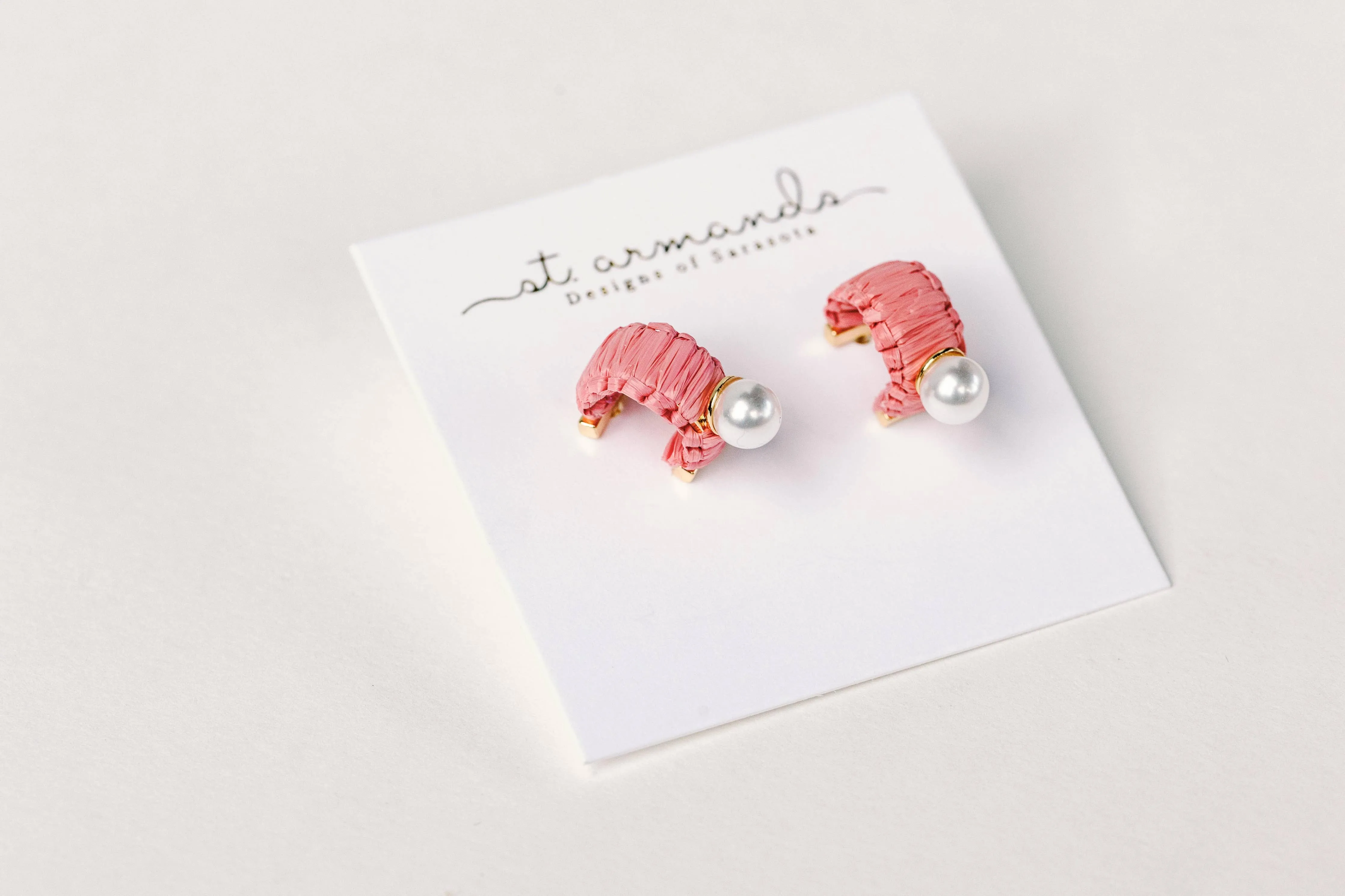 Mini Pink Raffia and Pearl Huggie Hoop Earrings