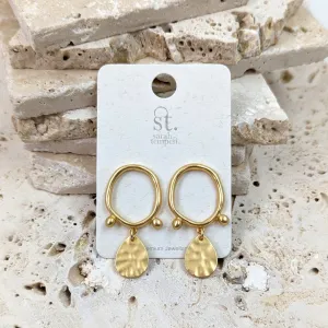 Open organic circle earrings with beaten drops and fixed balls
