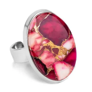 Oval Red Rose Dahlia Mohave Turquoise Statement Ring - Designer Gemstone