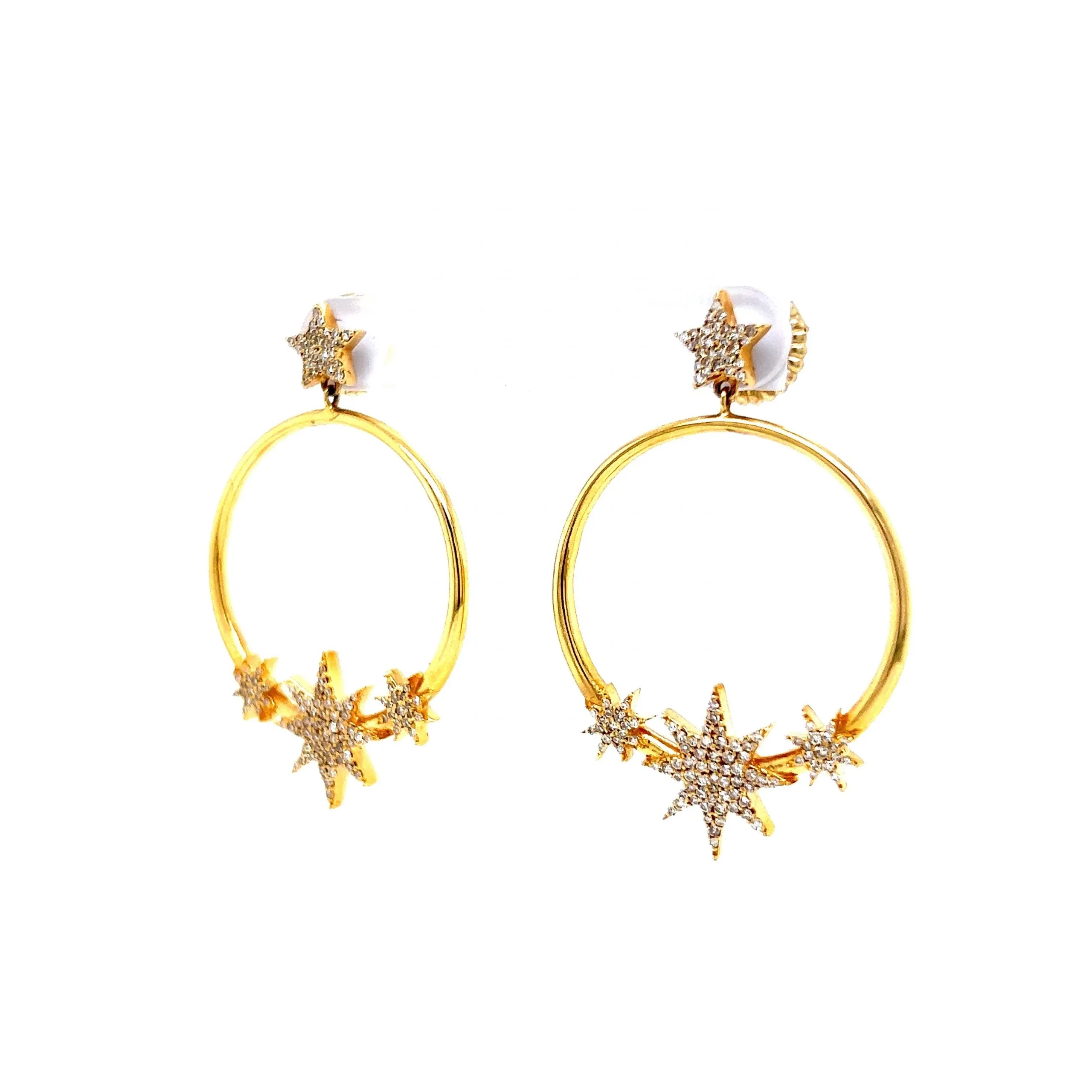 Pave Diamond Celestial Star Hoop Earrings in 14k Yellow Gold