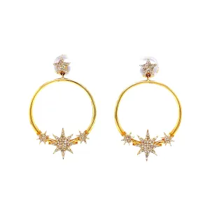 Pave Diamond Celestial Star Hoop Earrings in 14k Yellow Gold