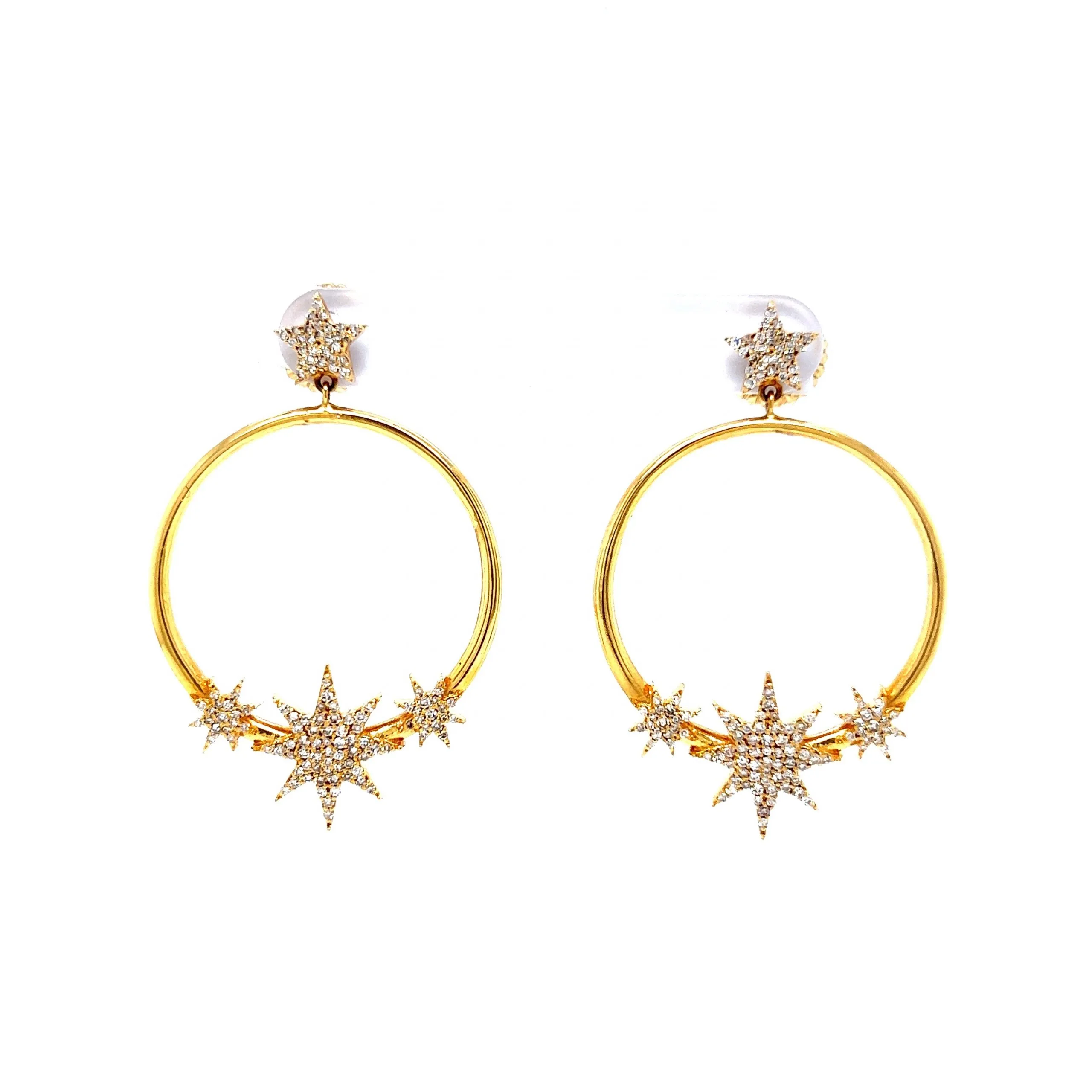 Pave Diamond Celestial Star Hoop Earrings in 14k Yellow Gold