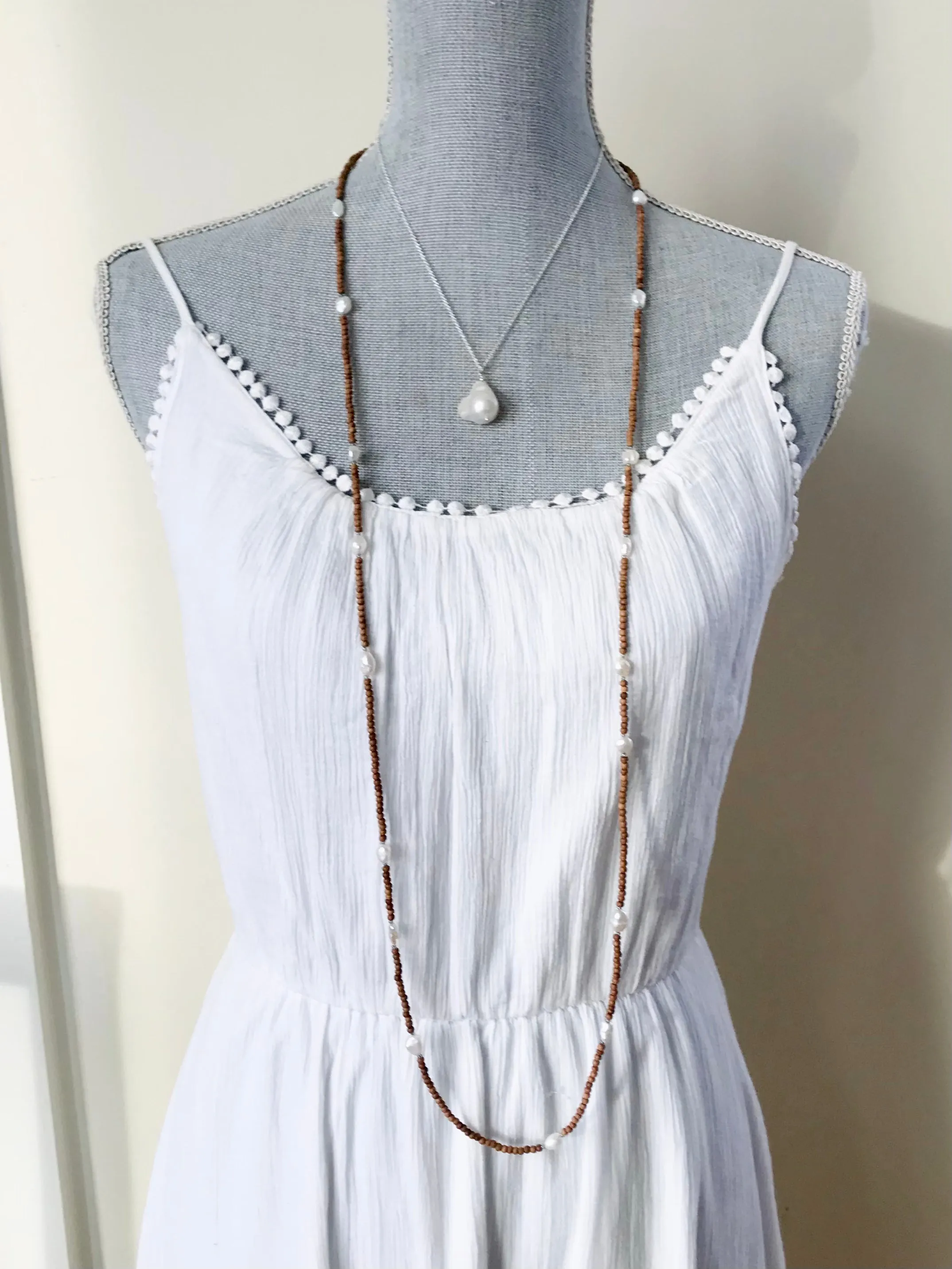 Pearl & Sandalwood Long Necklace