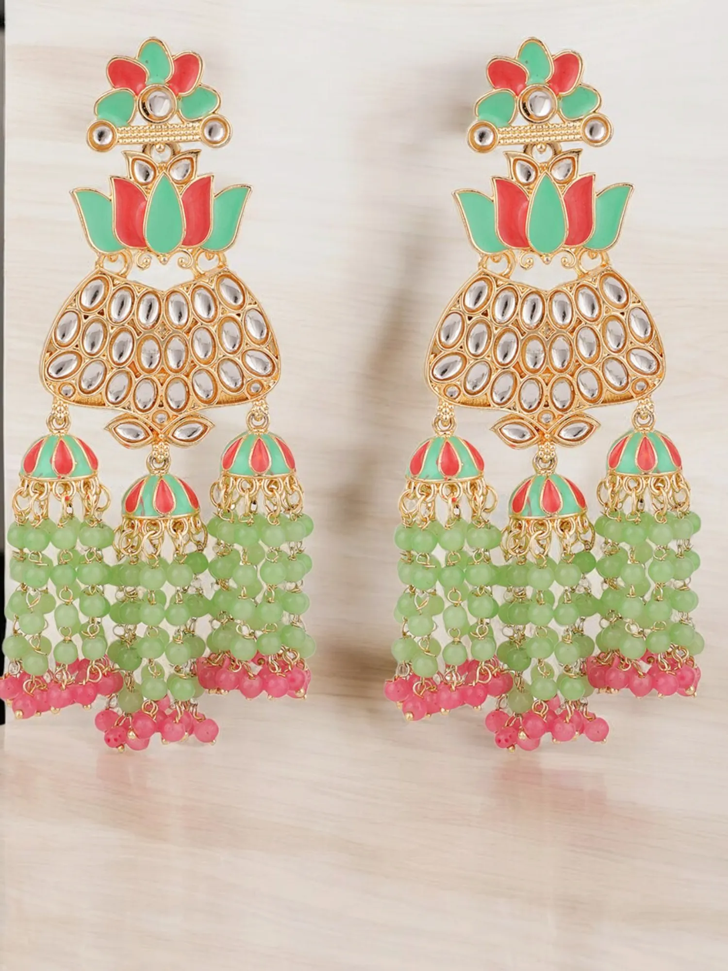 Pearl Beaded Layered Earrings Set,  Bollywood Jewelry, Indian Kundan, Pearl Earrings, Bridal Kundan Jewelry, Pakistani Pearl Kundan