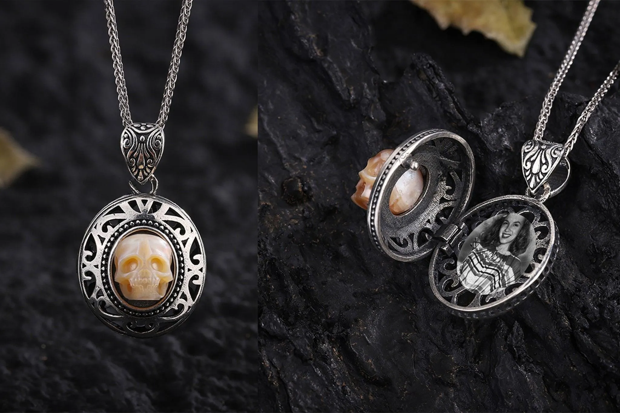 Pearl Skull Queen's Pillbox Locket Hollow Carved Necklace