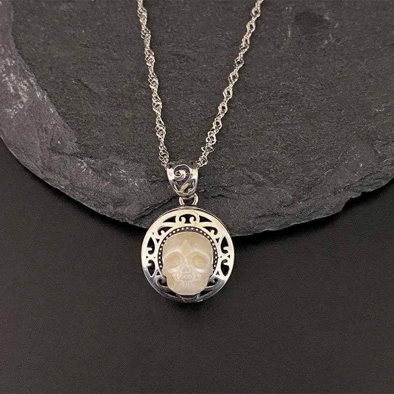 Pearl Skull Queen's Pillbox Locket Hollow Carved Necklace