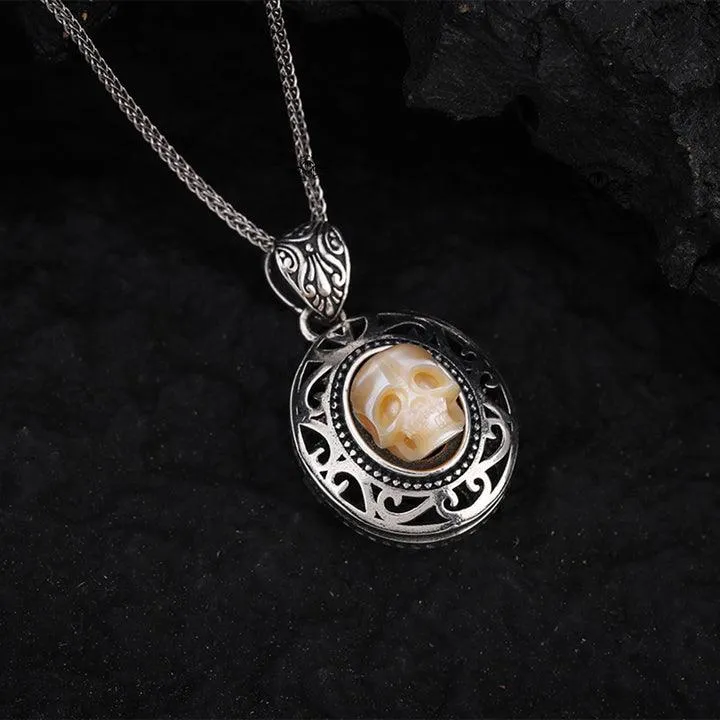 Pearl Skull Queen's Pillbox Locket Hollow Carved Necklace