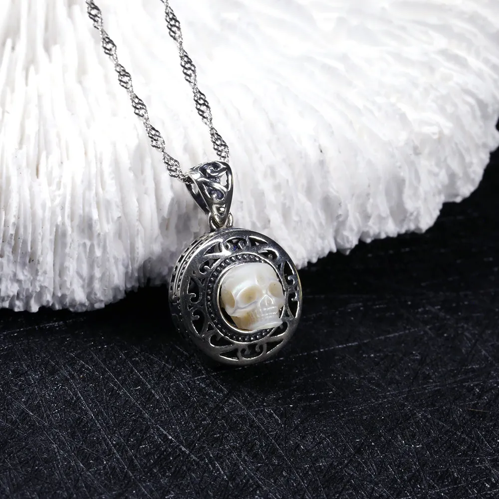 Pearl Skull Queen's Pillbox Locket Hollow Carved Necklace