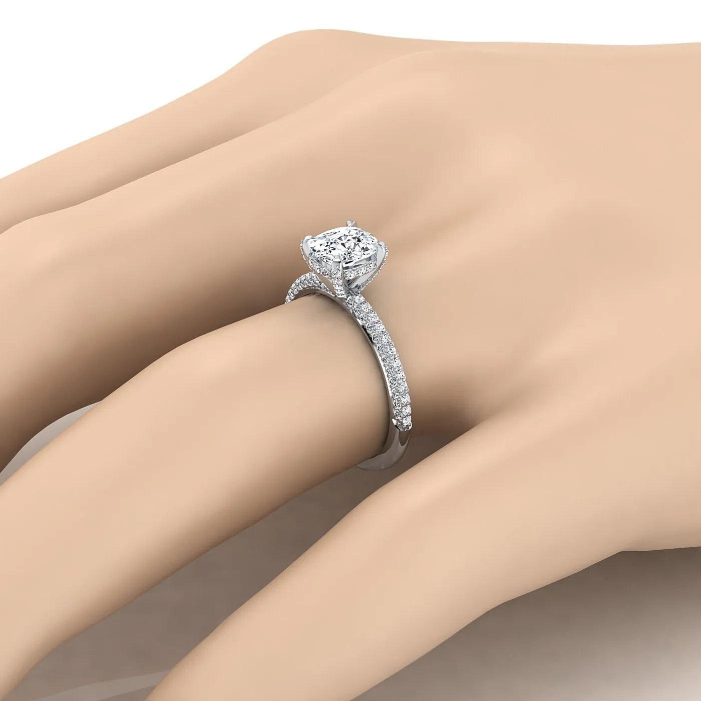 Platinum Cushion Diamond Encrusted Claws and Triple Pave Engagement Ring -1/2ctw