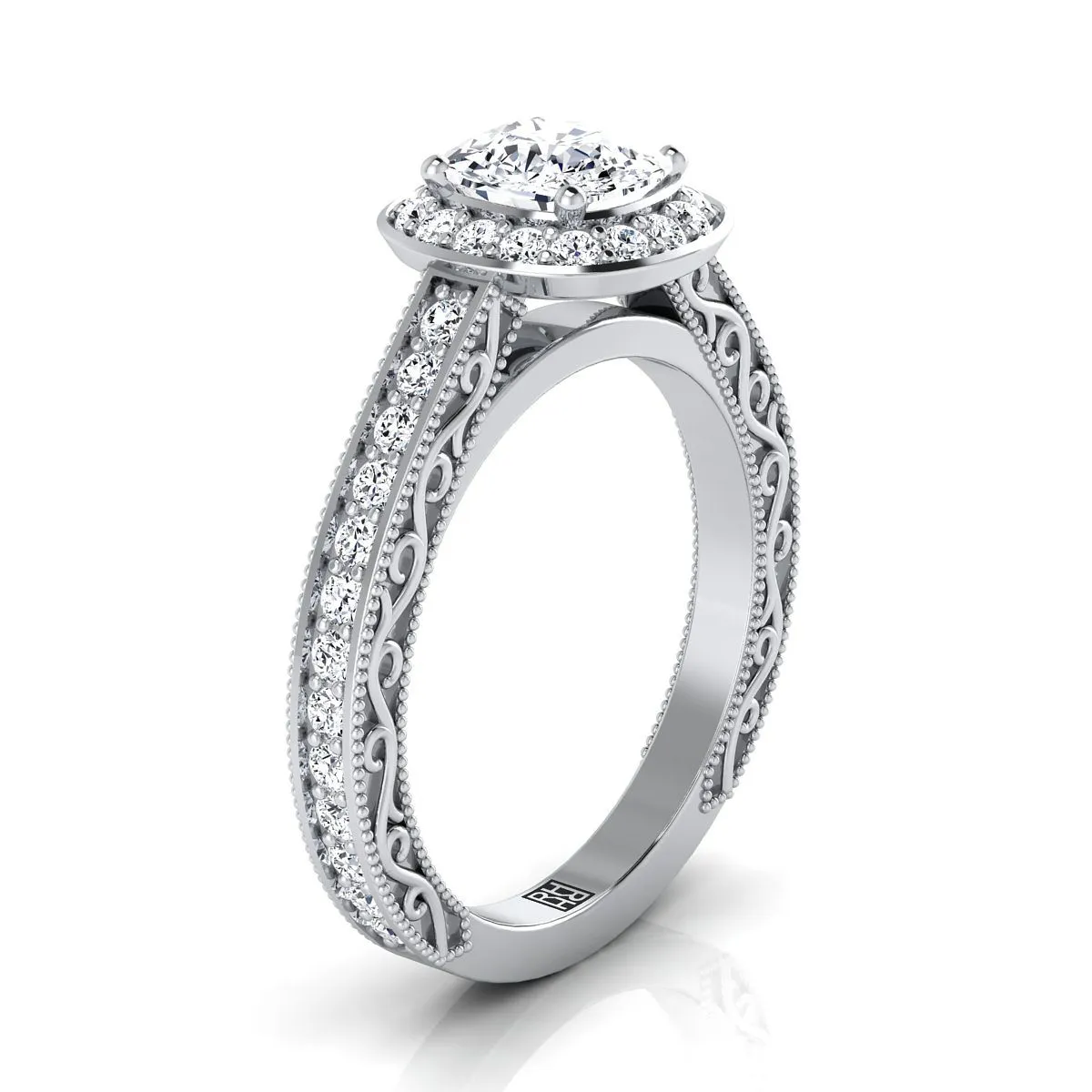 Platinum Cushion Hand-Engraved Delicate Diamond Milgrain Engagement Ring -1/2ctw