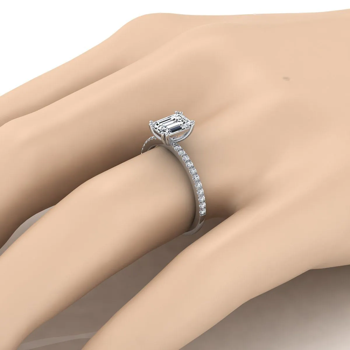 Platinum  Diamond Simple French Pave Double Claw Prong Engagement Ring -1/6ctw