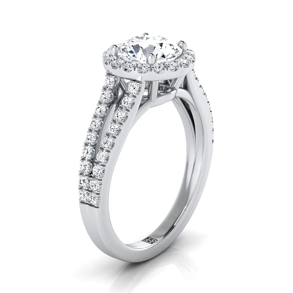 Platinum Round Brilliant Split Shank and Diamond Pave Halo Engagement Ring -1/2ctw