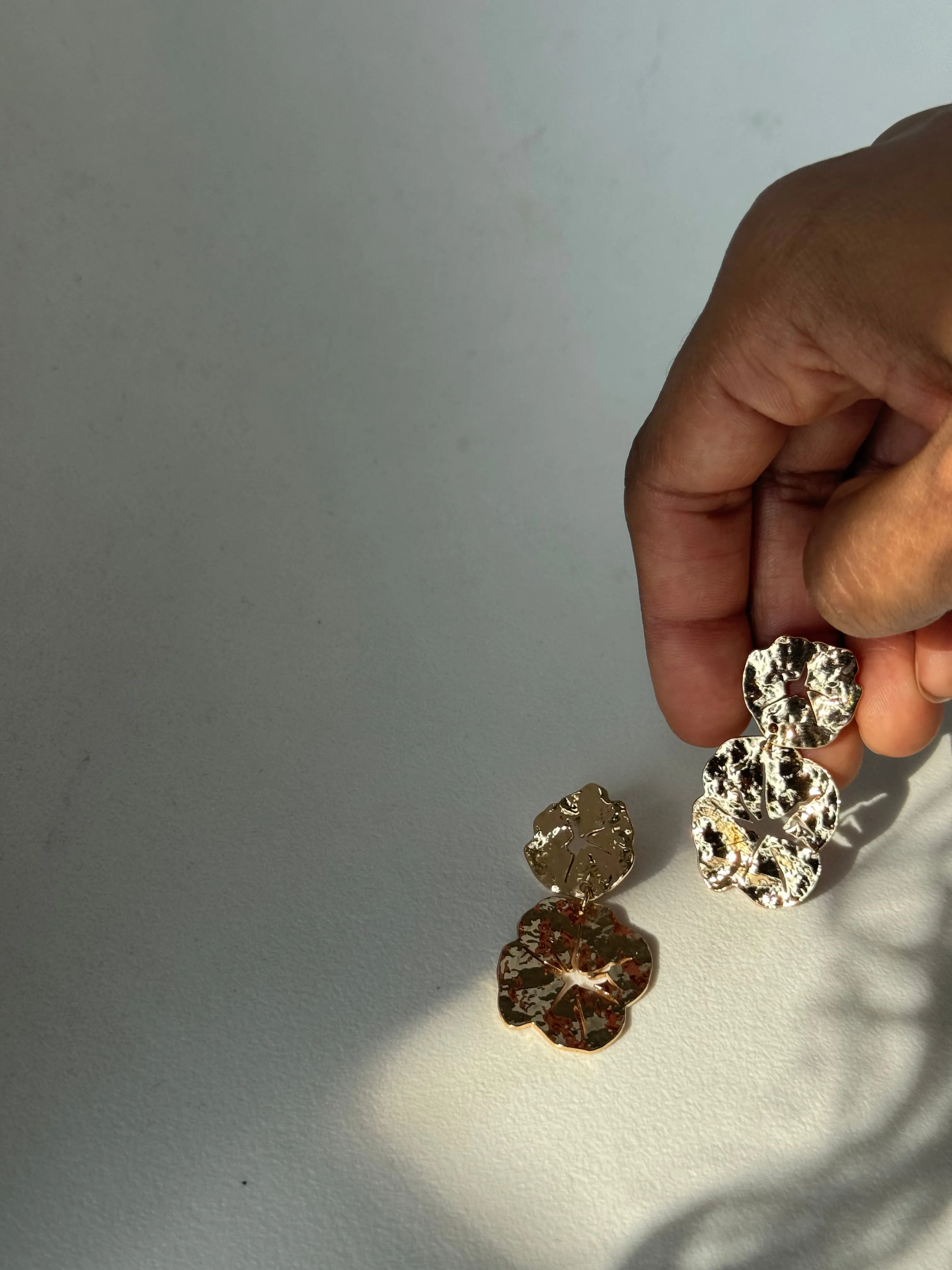 Pressed Organic Flower Drop Earring In Gold