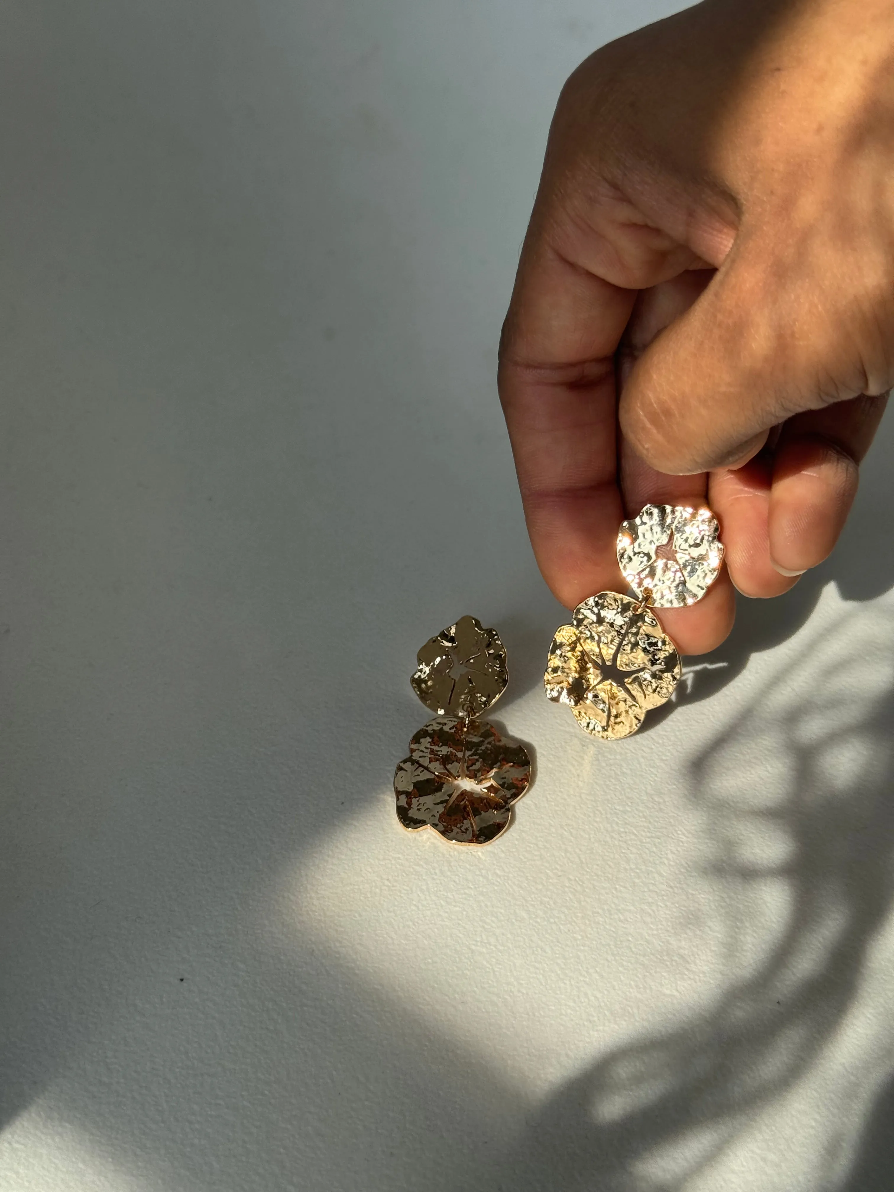 Pressed Organic Flower Drop Earring In Gold