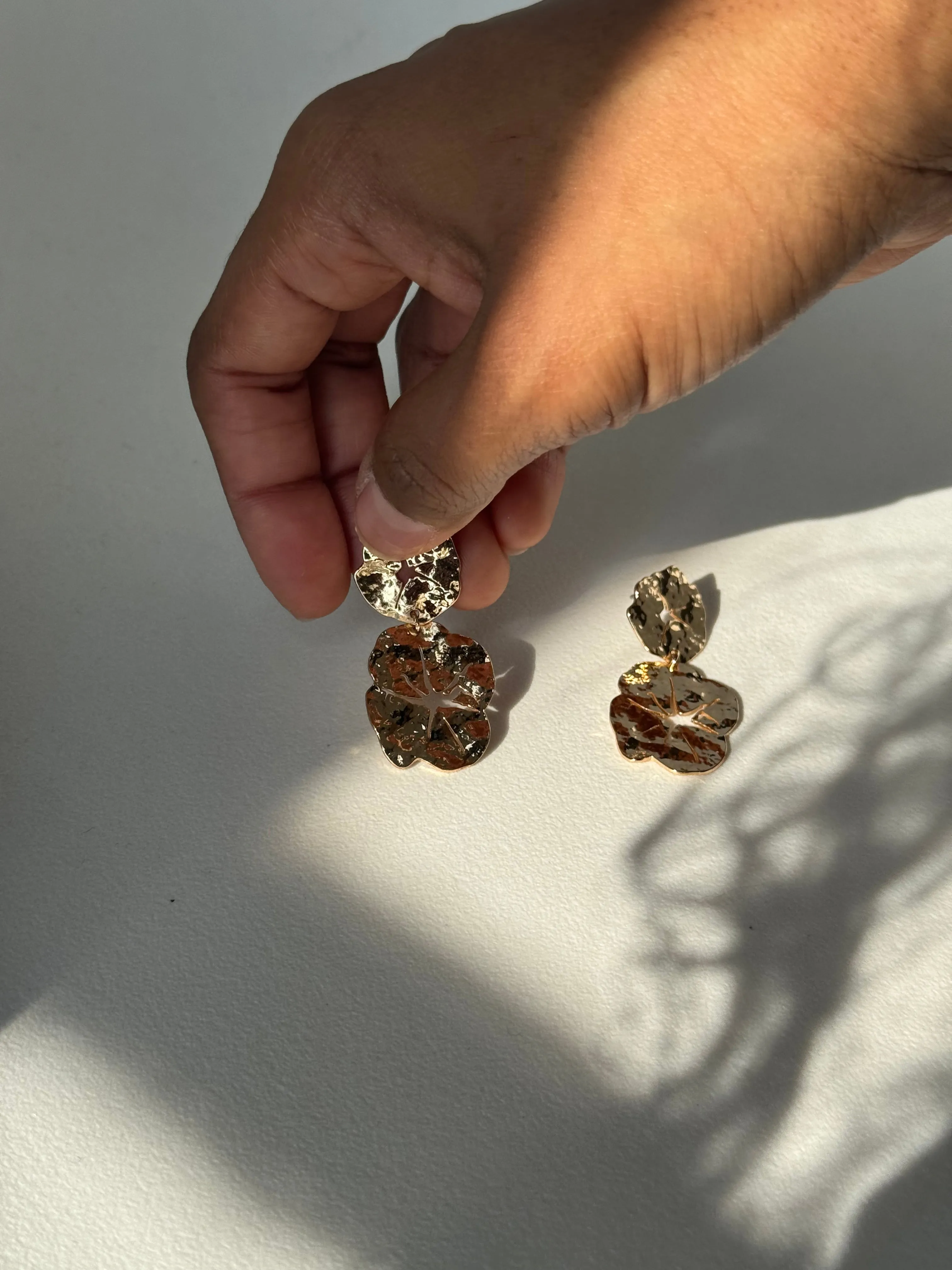 Pressed Organic Flower Drop Earring In Gold
