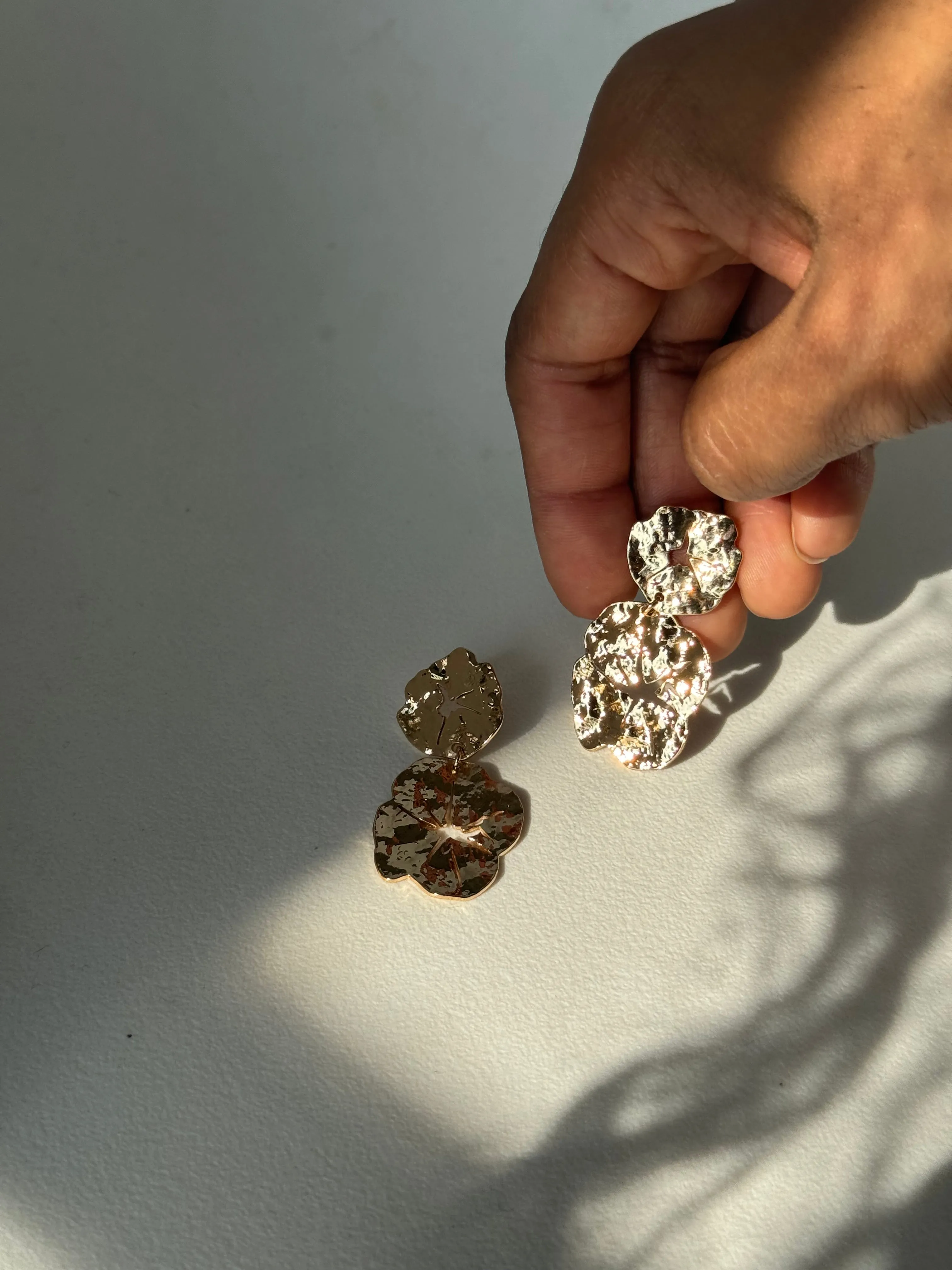 Pressed Organic Flower Drop Earring In Gold