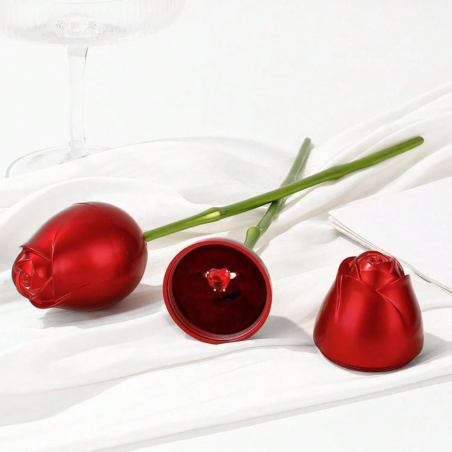 Red Rose Couple Rings Box - Elegant Design (Rings Not Included)